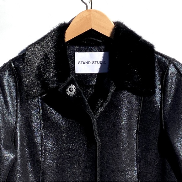 ANTHROPOLOGIE STAND STUDIO Nino Black Faux Leather Fur Lined Snap Front Coat - Picture 10 of 16